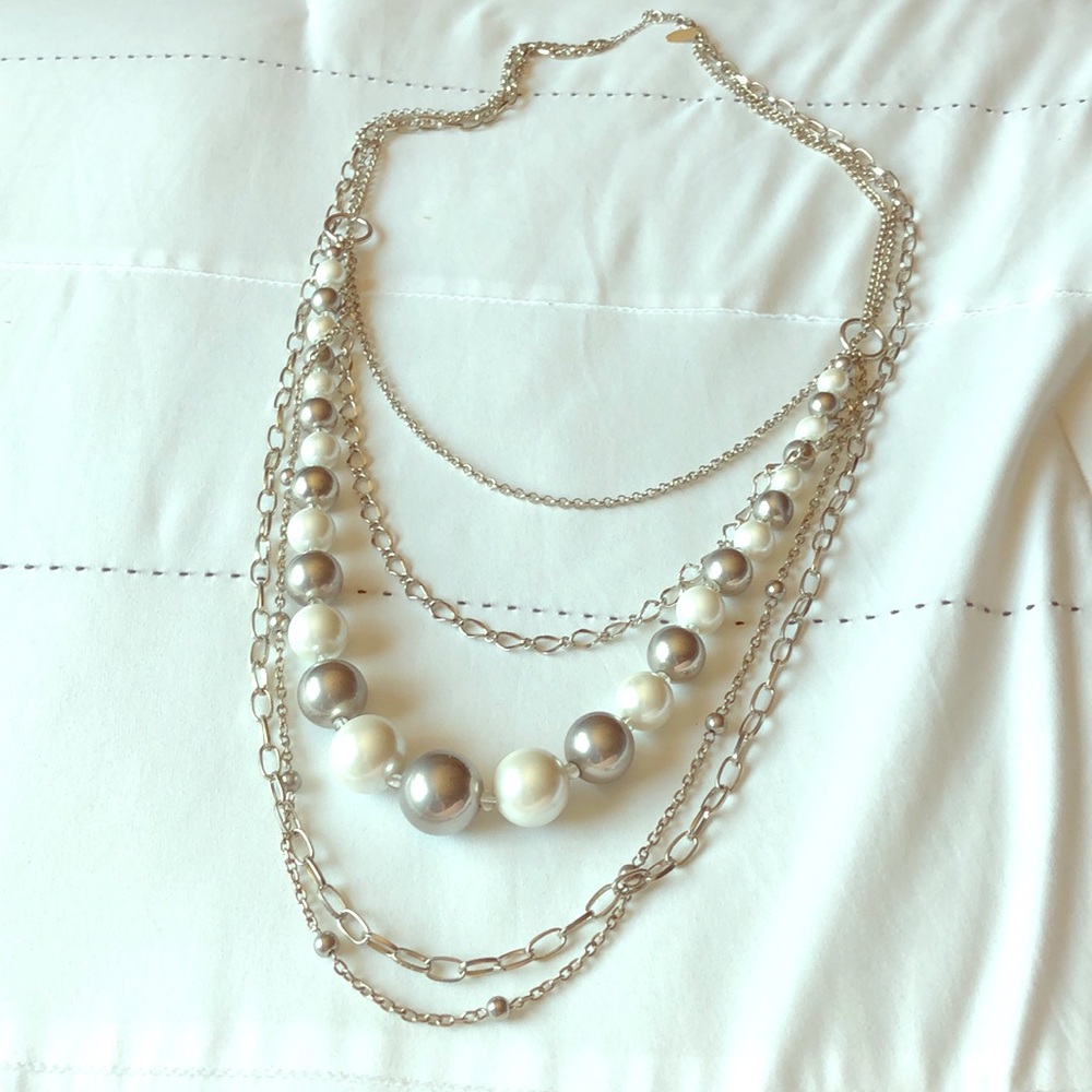 Long pearl and silver necklace